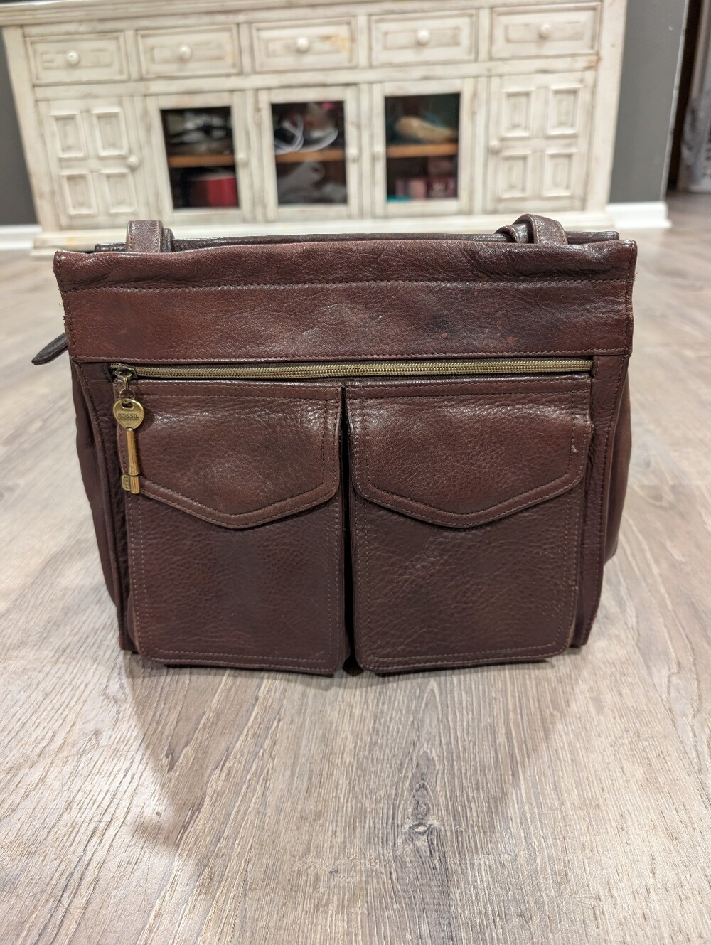 Vintage Fossil Brown Pebbled Leather Multi Pocket Shoulder Bag Tote Purse 75082